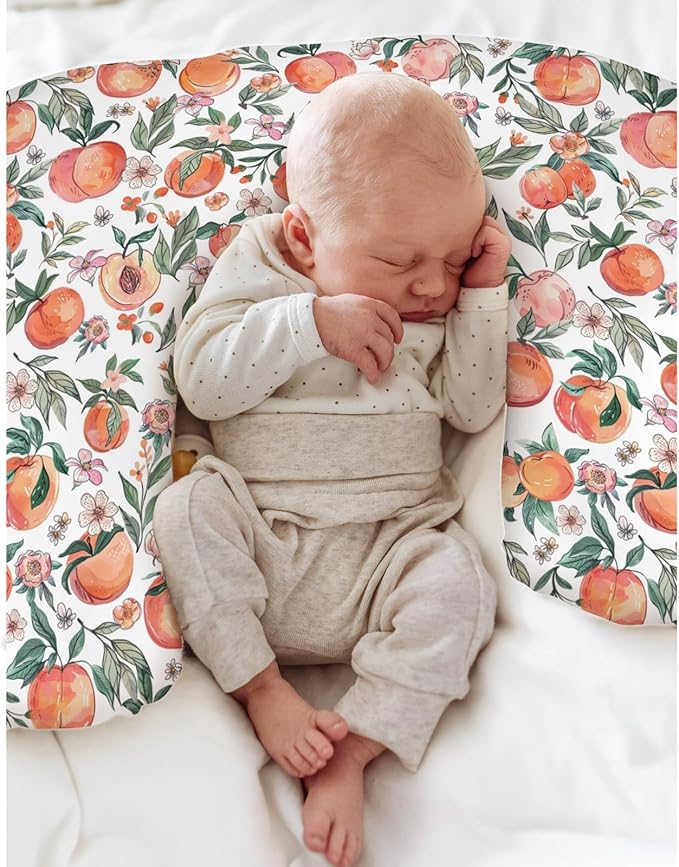 Vintage Peaches Baby Nursing Pillow Covers for Boy Girl Retro Peach Flowers Leaves Nursery Slipcovers for Breastfeeding Pillows Sweet Spring Summer Fruit Soft Stretchy Covers for Newborn Infant
