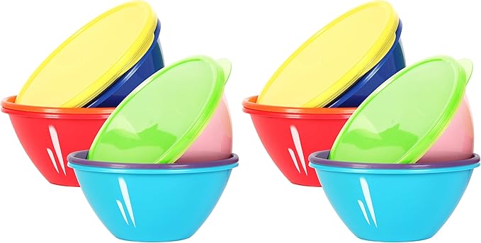 Youngever 32 Ounce Plastic Bowls with Lids, Large Cereal Bowls, Large Soup Bowls, Food Storage Containers, Set of 9 in 9 Assorted Colors (Pack of 2)