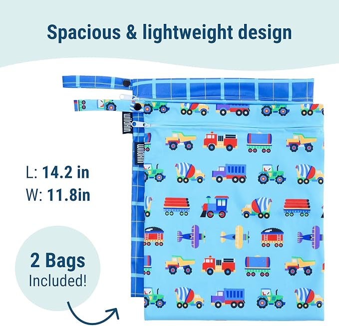 Wildkin Wet Bag Set for Boys, & Girls – Durable Zipper with Snap Loop Handle, Reusable Water-Resistant Bags for Beach, Pool, Travel & Gym - Trains, Planes & Trucks