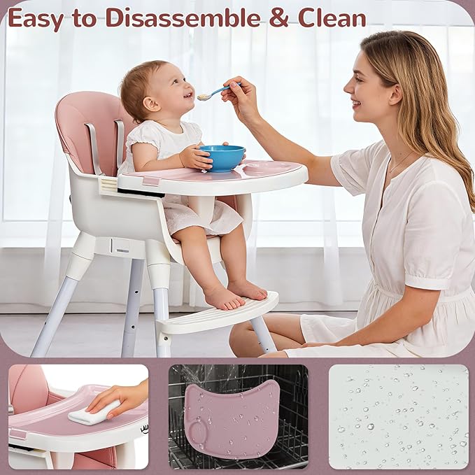 Ktaxon 3-in-1 Baby High Chair, Portable Adjustable Height Highchair with Removable Dual-Layer Tray, 5-Point Safety Harness and Footrest for Toddlers & Babies, Pink