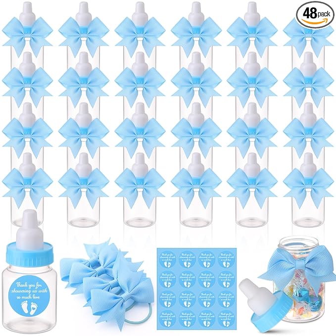 Teenyyou 48 Sets 3.5 Inch Blue Mini Baby Bottles for Baby Shower Party Favor Game Plastic Milk Bottles with Thank You Showering Stickers and Bows Thank You Gifts for Guests Candy Decor