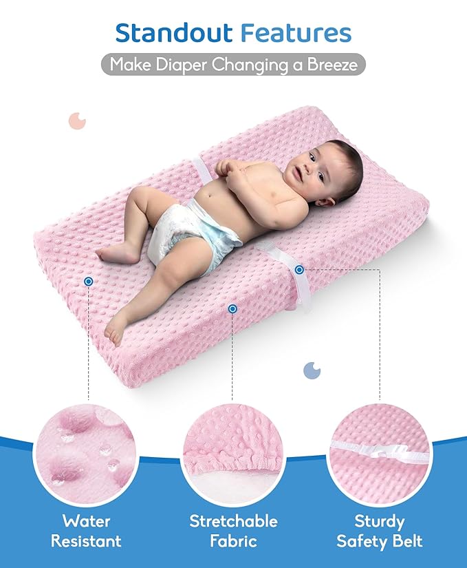 LOONAH Compact Small Changing Pad with Cover - 27" X 16" Contoured Baby Diaper Changing Pad for Combo Crib with Changing Table-Waterproof & Hypoallergenic, Safety Strap with Quick-Release Buckle-Pink