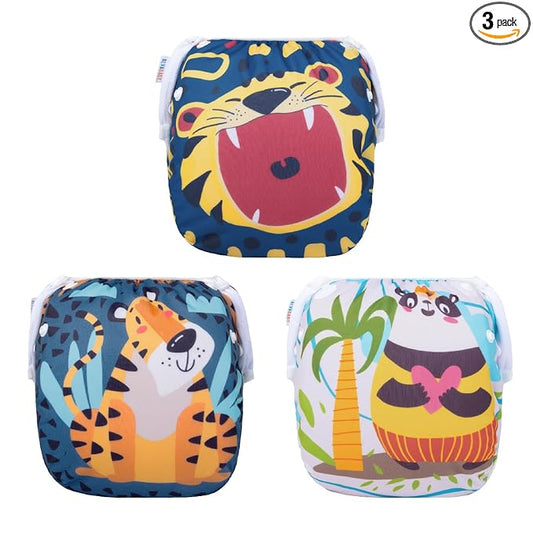 ALVABABY 3 Pack Swim Diapers, Baby/Toddler/Infant Snap Adjustable Reusable Swim Diaper Baby Gift for Boy and Girl Small 3SWY42
