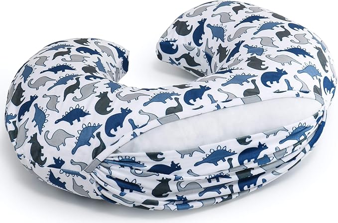 The Peanutshell Nursing Pillow Cover Set of 2 - Soft Newborn Nursing Baby Girl or Boy Pillow Covers, Supportive & Comfortable Breastfeeding, Tummy Time Must Haves, Baby Essentials - Dino & Blue Minky