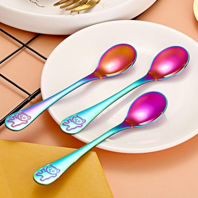 Boao 6 Pieces Kids Rainbow Spoons Stainless Steel Rainbow Toddler Cutlery Silverware Utensil Kids Child Safe Flatware for Home and Preschools