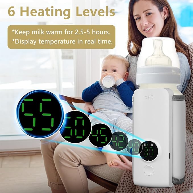 KOCASO Portable Bottle Warmer for Baby - 6 Heating Levels Rechargeable, Keeps Warm 5 Hours, Compatible with All Bottles, Ideal for Breastmilk and Formula on The Go for Home/Family Travel