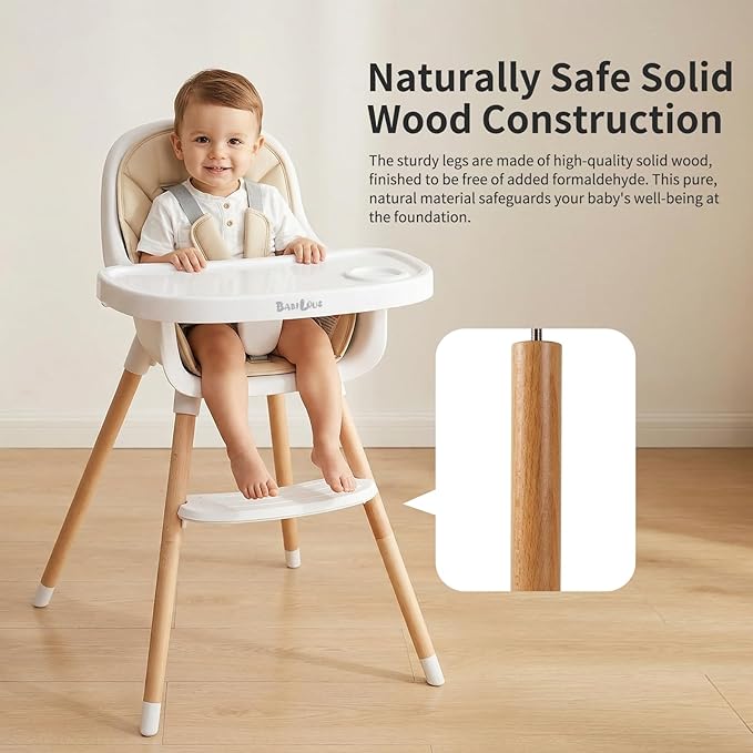 Baby High Chair Wooden Highchair with Removable Tray, Adjustable Legs, Cushion, 5-Point Harness & Footrest, Cream