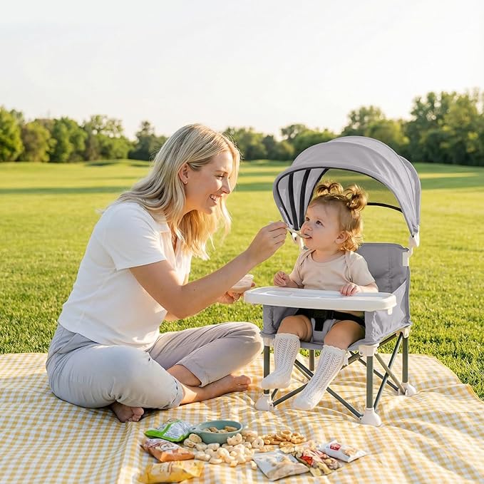 Portable Baby Booster Seat with Removable Tray & Canopy - 3 Point Safety Harness, Compact Fold for Travel, Indoor Outdoor Use for Infants & Toddlers, Gray