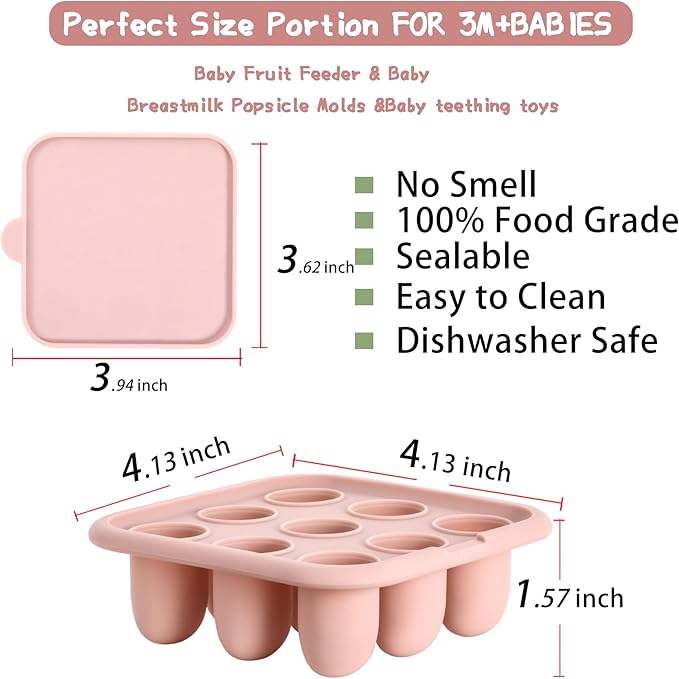 Baby Food Freezer Tray Silicone Nibble Freezer Tray,Baby Fruit Food Feeder Teether,Breastmilk Popsicle Mold,Babies Breast Milk Teether Pop Maker Maker for Homemade Infant Meals-Pink