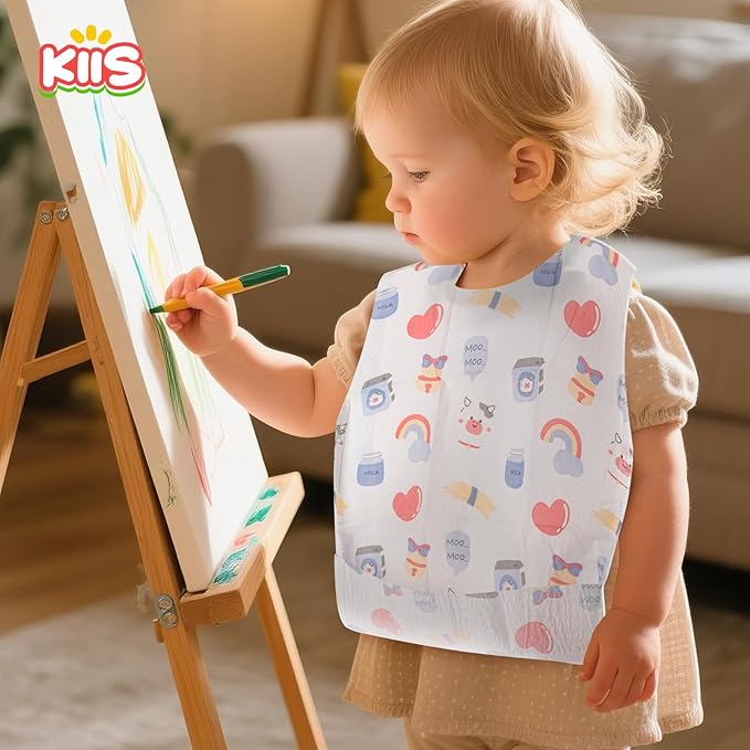 KIIS Disposable Baby Bibs, Waterproof Smock Bibs, Full Coverage for Toddlers & Kids, Mess-Free Feeding for Travel & Daycare