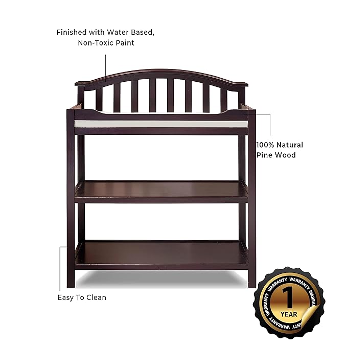 Sorelle Furniture Berkley Changing Table and Changing Pad, Dressing and Diaper Changing Table for Baby Room, Nursery Furniture for Infant -Espresso