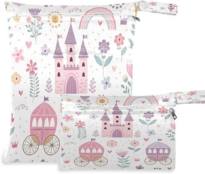 2 Pack Princess Castle Pink Cloth Diaper Wet Dry Bags,Waterproof Reusable Wet Bag with Two Zipper Pockets& Handle,Washable for Swimming,Travel,Beach,Pool or Wet Clothes