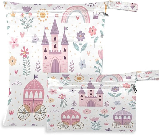 2 Pack Princess Castle Pink Cloth Diaper Wet Dry Bags,Waterproof Reusable Wet Bag with Two Zipper Pockets& Handle,Washable for Swimming,Travel,Beach,Pool or Wet Clothes