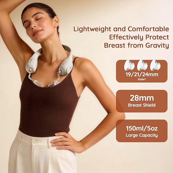 NCVI Wearable Breast Pump, Hands Free Breast Pump Neckband Style, Portable Breast Pump with Slim Milk Collection Cups & 3 Size Flanges, 240 min Battery Life Perfect for Moms Work, Travel or Home