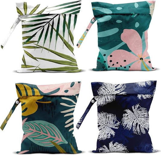 4Pcs Waterproof Wet Bag for Swimsuit, Travel Beach Wet Dry Bag, Hidden Zipper Reusable Palm leaf aloha bags, for Travel Beach Wet Swimsuits Toiletries Diapers Laundry Bag