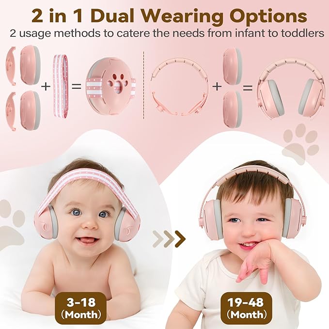 Baby Ear Muffs Noise Protection, 2-In-1 Baby Noise Cancelling Headphones for 0-48 Months Infants Toddlers, Travel Essentials for Airplane Fireworks Sleeping Pink