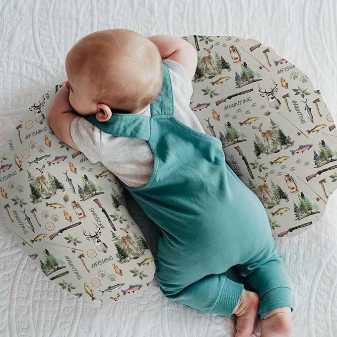 Fishing Hunting Baby Nursing Pillow Covers for Boy Girl Bass Fish Deer Paws Green Trees Nursery Pillowcase for Breastfeeding Pillows Nature Hunting Animals Soft Stretchy Slipcover for Newborn Infant