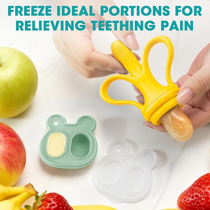 JEXFUN Baby Fruit Feeder & Breastmilk Popsicle Mold Set, Silicone Food Feeder Pacifier for Cooling Relief with 3 Replaceable Pouches, BPA-Free Teething Toy for Safe Infant Self Feeding (Banana Yellow)