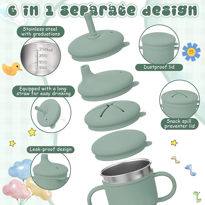 8 oz 3 in 1 Silicone Baby Sippy Cups & Snack Cups with Lid Straw for Toddlers 1-3 Spill Proof Stainless Steel Snack Containers Food Catcher for Baby Toddler Drinking Training(Dark Green)