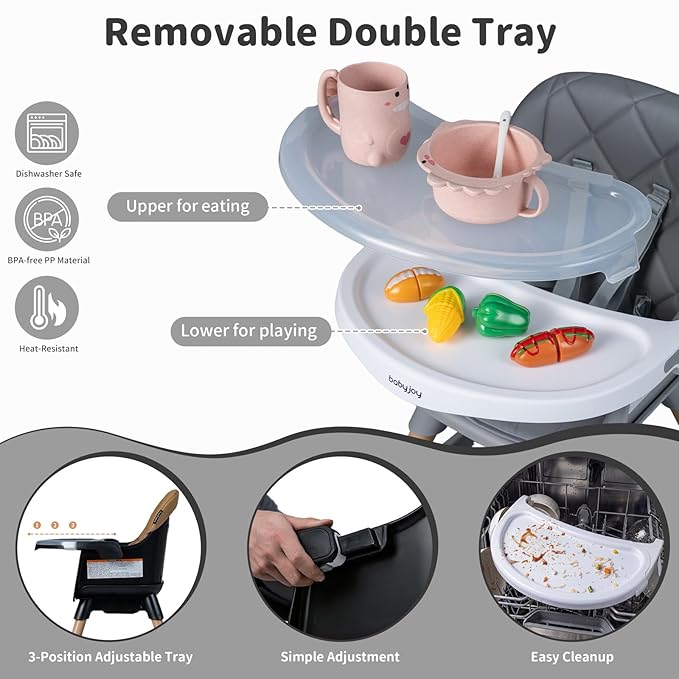 BABY JOY 8-in-1 High Chair, Convertible Wooden Highchairs for Babies and Toddlers | Dining Booster Seat | Toddler Stool, Double Removable Tray, 5-Point Safety Harness & Waterproof PU Cushion (Gray)