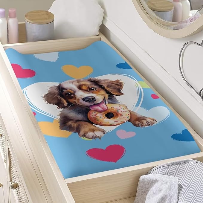 Heart Dog Changing Pad Covers Comfortable Fabric Baby Diaper Change Table Covers Stretchy Change Sheet Suit for Most Rectangular Change Pads