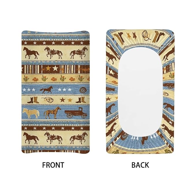 Western Cowboy Horse Changing Pad Cover for Baby Girls Boys, Baby Nursery Diaper Changing Mat Sheets Fit for 32"x16" Changing Table Covers Removable Soft Washable