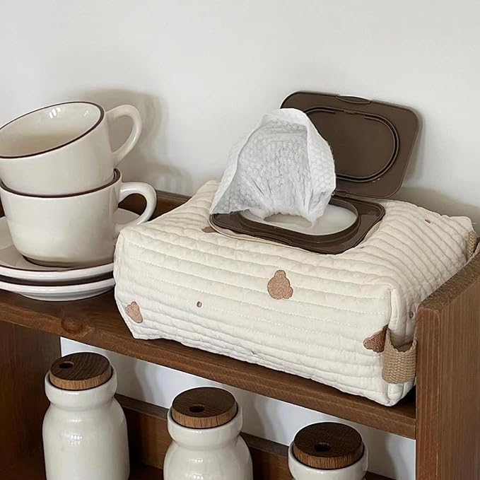 Diaper and Wipes Pouch, Diaper Bag Organizer, Bear Pattern and Wipes Pouch with Handle, Washable Reusable Embroidery Baby Storage Bag for Travel