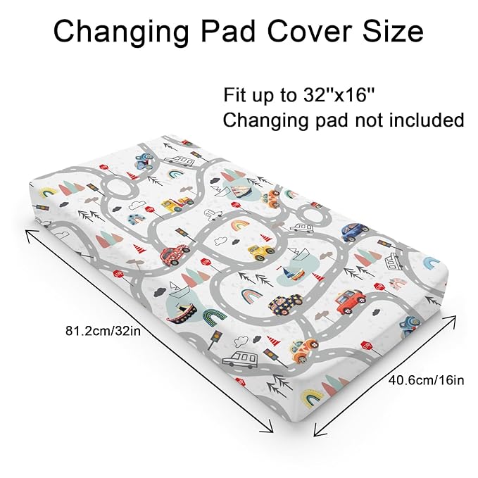 Cartoon Road Car Vehicles Changing Pad Cover City Roadway Truck Boat Mountain Forest Rainbow Diaper Changing Table Cover Sheets for Boy Girl Soft Breathable Stretch Fitted Change Table Mats 32''x16''