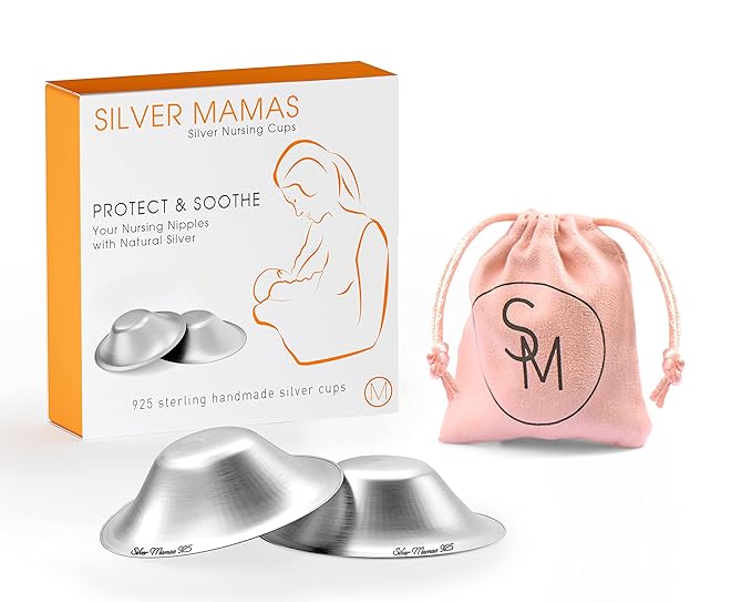 Nursing Cups for Nursing Newborn, Silver Nipple Covers Breastfeeding, 925 Silver Nursing Shields, Healing Cups, Newborn Essentials Must Haves, Soothe Sore and Cracked Nipples (Large)