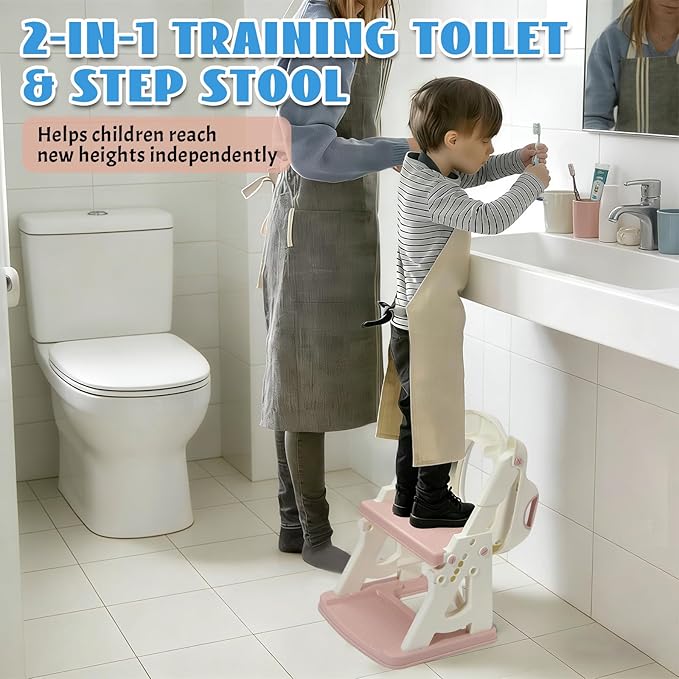 Potty Training Toilet Seat, Stable Potty Training Seat with Step Stool, 2 in 1 Toddler Toilet Seat with Steps for Kids Boys Girls, Toddler Potty Seat with Ladder, Splash Guard, Anti-Slip Pads (Pink)