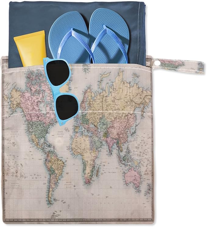 Vintage World Map Wet Dry Bag for Cloth Diaper Swimsuit, Educational World Map Waterproof Wet Bag Organizer Pouch with Zippered Pockets and Snap Handle Washable for Travel Daycare Gym, 2 Pack