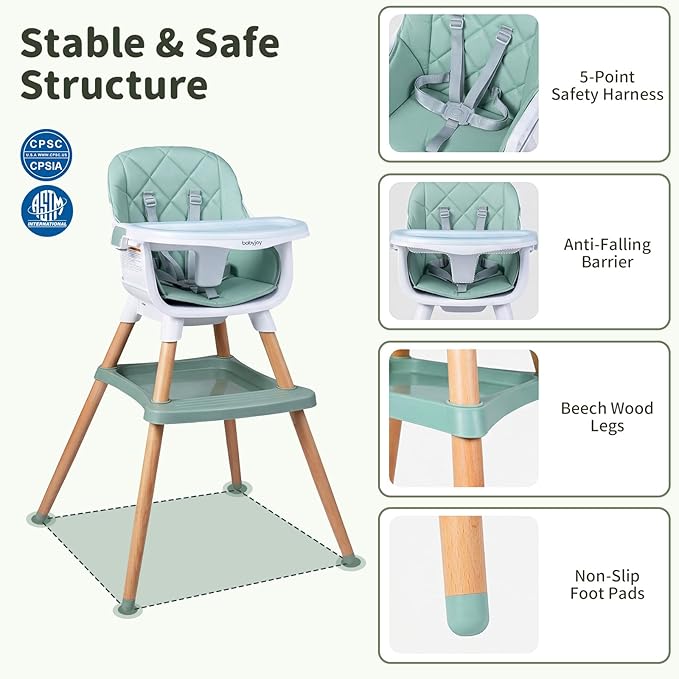 BABY JOY 8-in-1 High Chair, Convertible Wooden Highchairs for Babies and Toddlers | Dining Booster Seat | Toddler Stool, Double Removable Tray, 5-Point Safety Harness & Waterproof PU Cushion (Green)