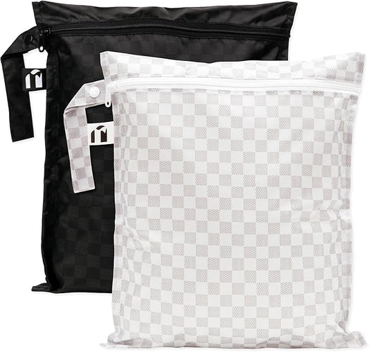 Bumkins Roamio - Waterproof Wet Bag - For Baby, Travel, Swim Suit, Cloth Diapers, Pump Parts, Pool, Gym, Toiletry, Strap to Stroller - Reusable & Easy to Clean - 2pk - Black Check & Off White