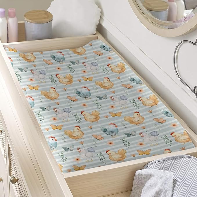 Watercolor Farm Chicken Butterflies Flowers Floral Stripes Baby Changing Pad Cover, Unisex Chicken Nursery Diaper Changing Table Pad Mat Sheet for Boys Girls-16x32