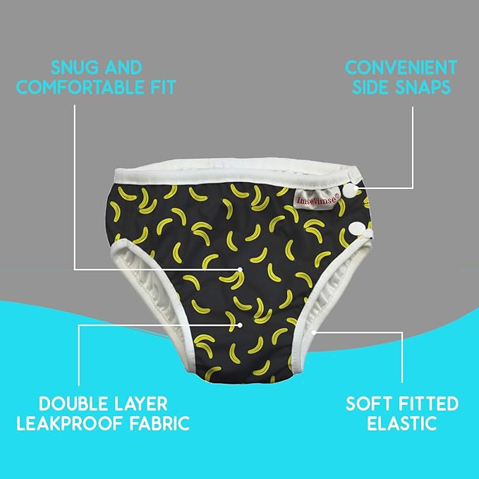 ImseVimse Eco Friendly Reusable Swim Diaper Made of Organic Cloth Sized for Infant to Toddler Boys (Black Banana, L 12-18M (20-26 lbs))