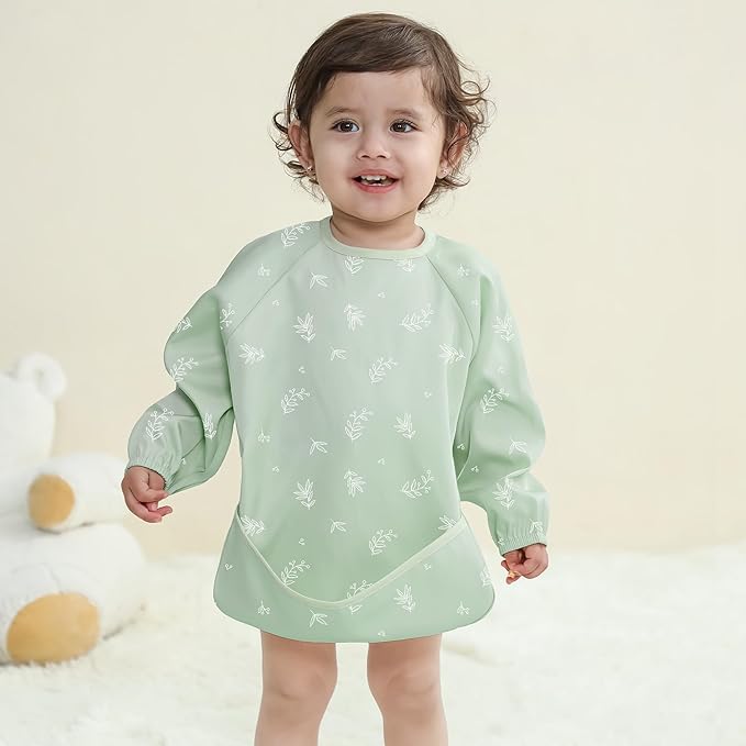 Susurration Long Sleeve Bib for Girl or Boy Baby Smock Bib 2 Pack Waterproof Bibs, Soft Adjustable Long Sleeve Baby Bib, 6-36 Months Baby Feeding Essentials - Green Elephant