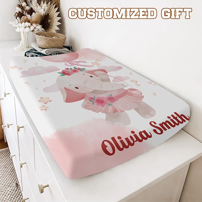 Personalized Baby Changing Pad Cover with Name - 2 Piece Baby Pee Pad Cover for Diaper Changing Table, Portable Pink Elephant Shark Custom Gifts for Infant Baby