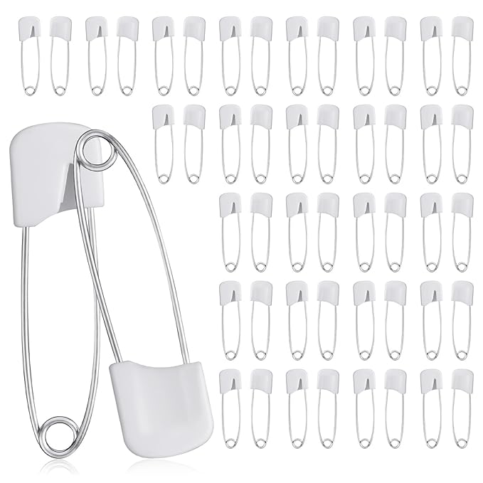 50 Pieces Diaper Pins, 2.2 Inch Plastic Head Safety Pins for Clothes, Heavy Duty Sewing Clips for Fabric and Quilting, Sturdy, Stainless Steel Diaper Pin with Safe Locking Closures