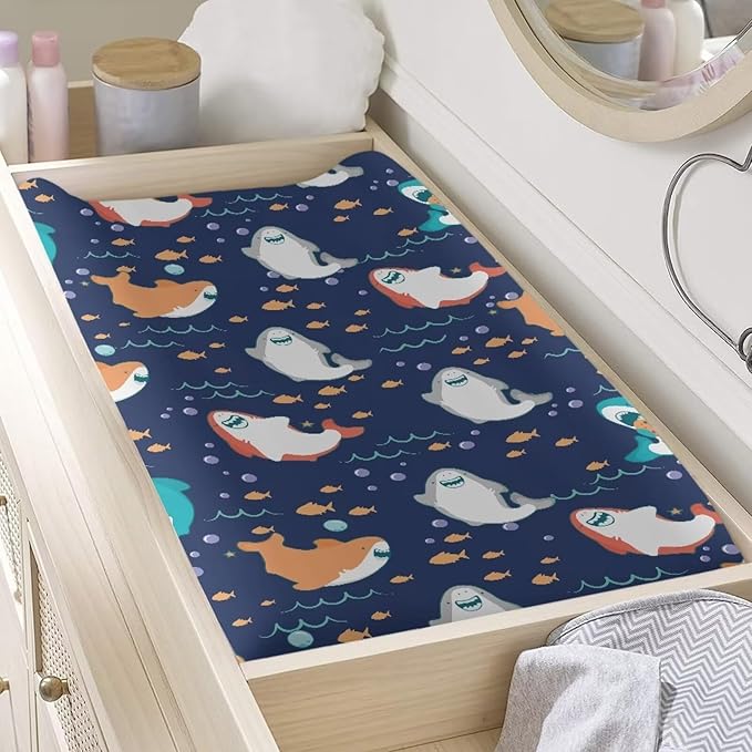 Changing Pad Covers for Boys Girls, Cartoon Shark Diaper Changing Table Pad Cover Soft Breathable Changing Mat Cover for 32''x16" Cute Birthday Gifts for Baby