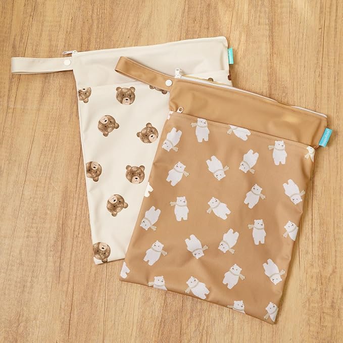 MOMIGO 2 pcs/set Wet Dry Bags for Baby Cloth Diapers - Reusable, Washable for Stroller, Diapers, Travel Bags, Gym Bag (Brown&Rainbow&Sun)