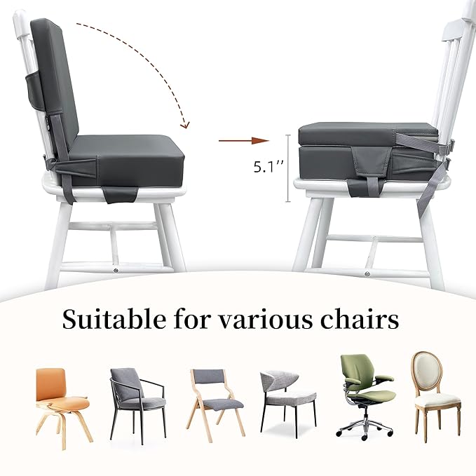 Eiury Booster Seat for Dining Table, PU Anti-Scratch Easy Cleaning Kids Toddler Booster Seat for Table, Portable Travel Increasing Cushion for Chair - Dark Grey