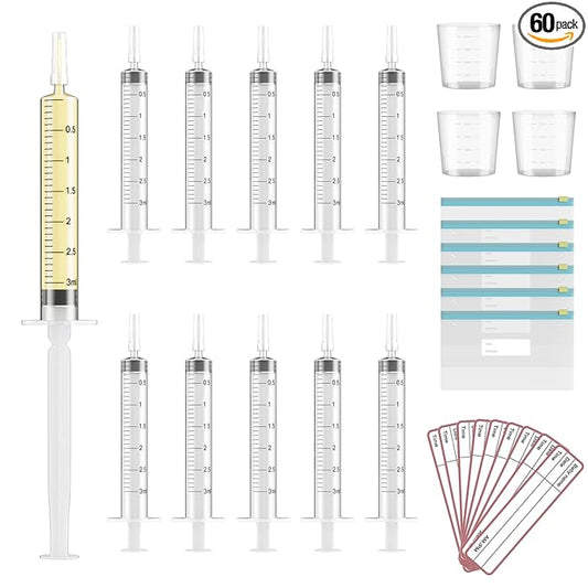 60 Sets 3Ml Colostrum Collector Kit Include 60 3ml No Needle Sterile Syringes with Cap, 4 Measuring Cup, 6 Zip-lock Storage Bags, 60 Labels for Breast Milk Collector