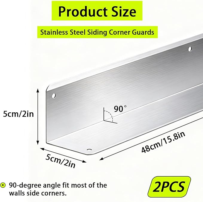 Pre-drilled Stainless Steel Wall Corner Guards 2x2x15.8 inch, Pack of 2 L Metal Wall Corner Protectors 304 Steel Corner Trim with 90° Angle Weed Whacking Protection for Outside Exterior Wall Repair