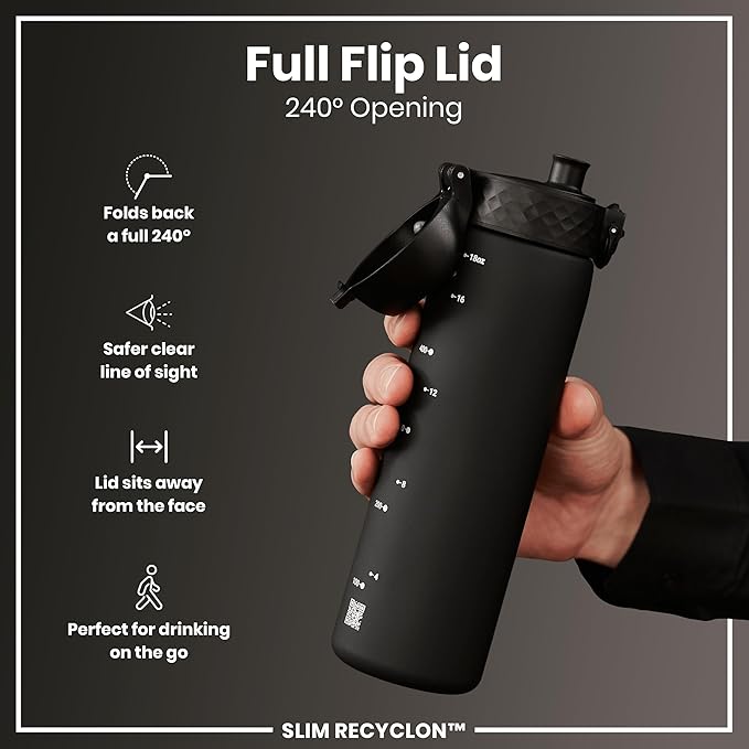 Ion8 Water Bottle, 500 ml/18 oz, Leak Proof, Easy to Open, Secure Lock, Dishwasher Safe, BPA Free, Hygienic Flip Cover, Carry Handle, Fits Cup Holders, Easy Clean, Odor Free, Carbon Neutral, Black