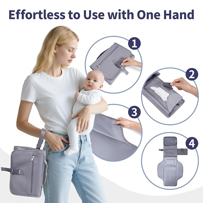 CEICEI Portable Diaper Changing Pad Waterproof Travel Baby Changing Mat with Large Wet/Dry Pocket & Elastic Wipes Pockets, Foldable Compact for On-The-Go Diaper Changer (Grey)