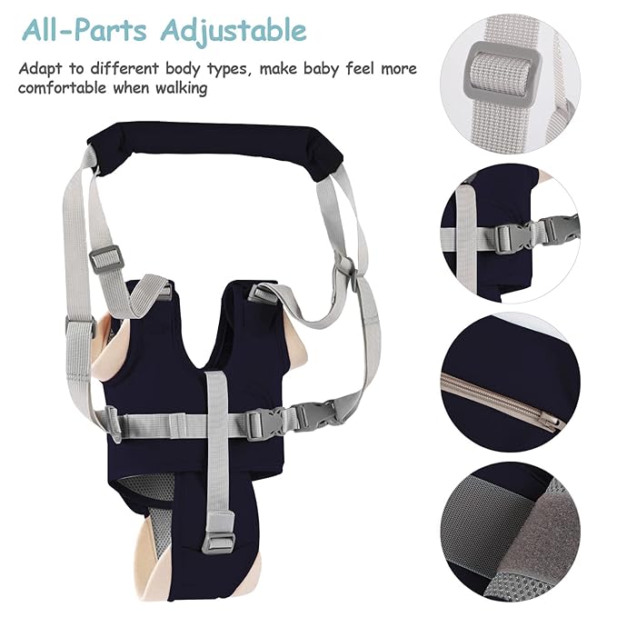 Baby Walking Harness Handheld Baby Walker Assistant Belt Adjustable Toddler Infant Harnesses Standing Up Walking Learning Helper with Detachable Crotch for 9-24 Month Old (Dark Blue)