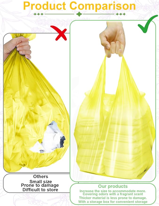 Large Adult Diaper Disposal Bags (23"x18") with Wall Mount Storage Box, 96 Pcs Thick Disposable Diaper Sacks, Odor Lock to Reduce Embarrassment,Incontinence Disposal Bags for Home & Travel Use,Yellow