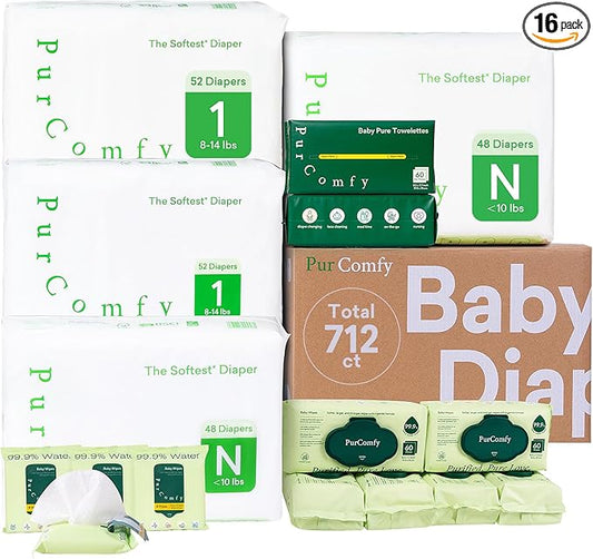 PurComfy Baby Diapers Essential Kit, Size N (96Ct) & Size 1 Diapers (104Ct), 6 Water Wipes (360Ct), 4 Travel Wipes (32Ct) and 2 Dry Wipes(120Ct), Baby Essentials Kit for Sensitive Skin, Total 712 Ct