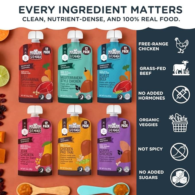 Li’l Hala Baby Food Meat Pouch Variety (12 ct)| Beef & Chicken Savory Baby Food Pouches with Protein & Organic Veggies, Toddler Snacks with Iron & Fiber| Stage 2 Toddler Food 6+ Months Puree Meal
