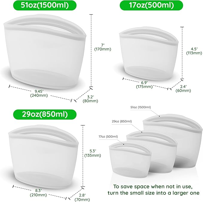 Reusable Silicone Food Storage Bags, 3-Pack Variety Set (2, 3.5, 6 Cups), Made in Korea BPA-Free Silicone, Triple-Airtight Freezer Bags, Microwave Safe, Sous Vide, Zip Lock Pouch, White